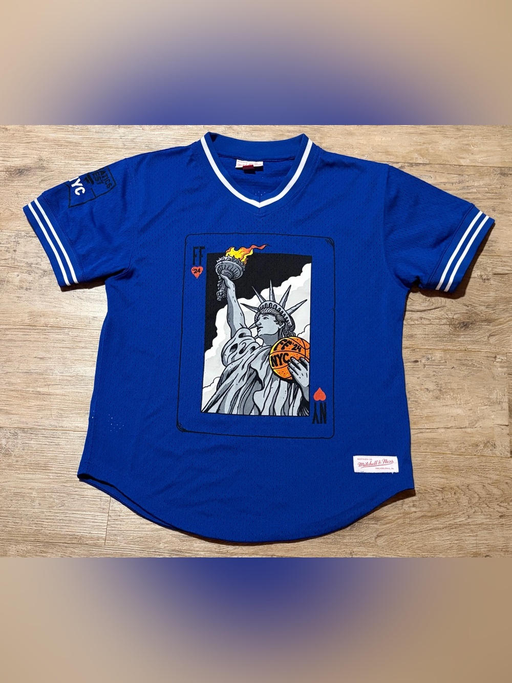 Mitchell & Ness Fanatics Fest Royal Blue Statue of Liberty Graphic V-Neck Jersey